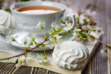 Cup of tea with vanilla zephyr and a book on the old wooden table. Petals and flowers of cherry and apple trees in the spring garden. Rest and relaxation