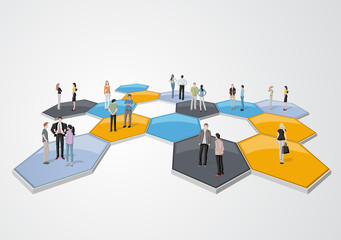 Business people connected over bee hive blocks

