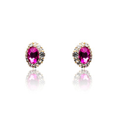 Pair of amethyst diamond earrings isolated on white