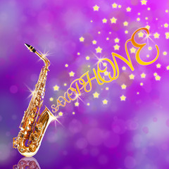 Fototapeta na wymiar Golden saxophone with stars coming out against purple background