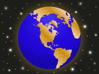 planet earth is blue with continents in gold tones on a background of space and stars