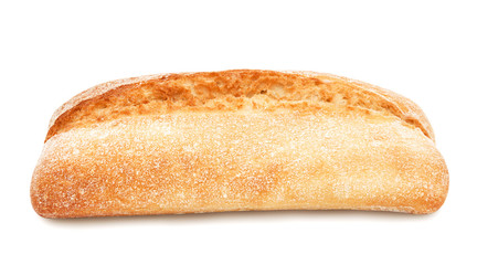 Freshly baked loaf of traditional italian bread ciabatta isolated on white background. Design element for bakery product label, catalog print, web use.