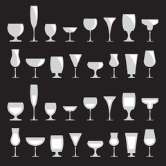 Collection of various drink glasses, icons set, isolated on black background, vector illustration.