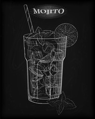 Nice mojito of ice cold glass on a black background. Soda with w