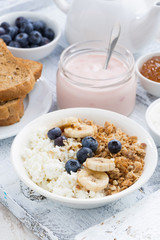 cottage cheese, muesli and fresh fruit for healthy breakfast