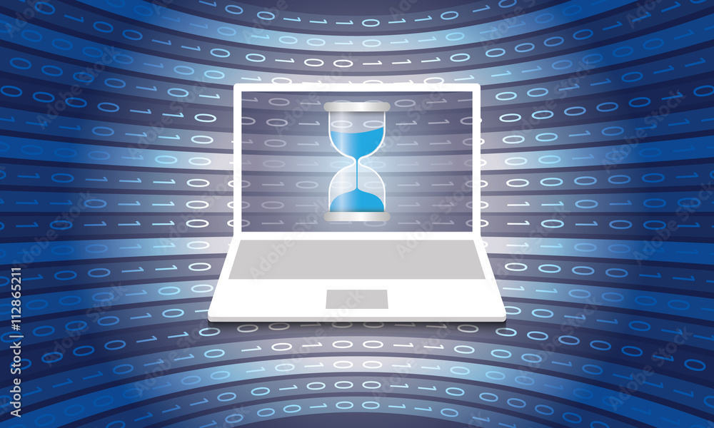Poster vector backdrop with laptop, sand glass and binary code