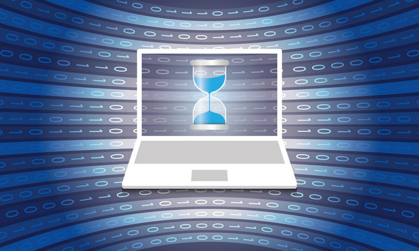 Vector backdrop with laptop, sand glass and binary code