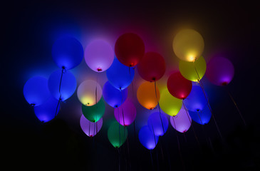 Glowing helium balloons in a birthday