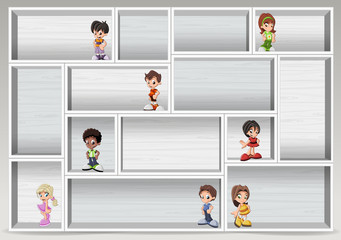 White wood shelf with happy cartoon children. Design element background.
