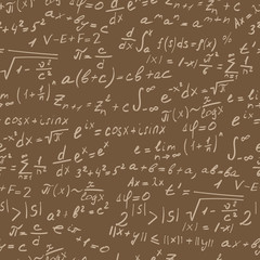 Seamless background on the topic of mathematical theorems, symbols, and formulas, light contour on a brown background