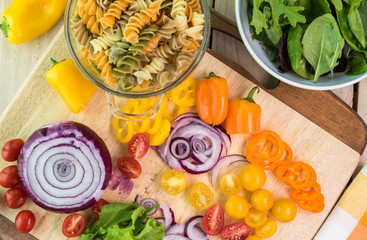 Ingredients for summer veggie pasta salad.