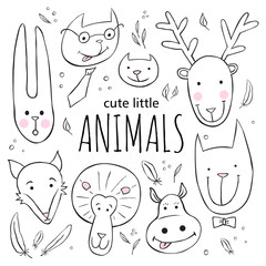 Set of cute animal faces. Vector sketch style doodle illustration. Rabbit, fox, deer, dog, lion, hippo, cat
