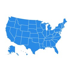 Fototapeta premium Szczegółowa mapa USA dla każdego kraju. Mapa Stanów Zjednoczonych Ameryki w stylu płaskiej. Mapa ameryki federalnej państw niebieski niebieski samodzielnie na białym tle