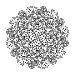 Round element for coloring book. Black and white ethnic henna pattern. Floral mandala.