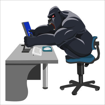 Angry gorilla with computer