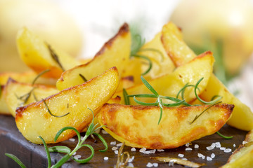 Knuspige Kartoffelspalten mit Rosmarin auf einem alten Schneidebrett aus Holz  serviert - Crispy...