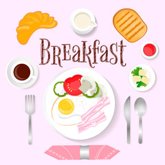 Breakfast bacon and eggs and fresh vegetables, coffee with cream