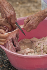traditional home production of sausages on the island of Mallorca, Spain