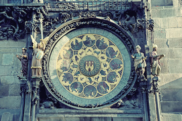 Astronomical Clock (Orloj) close-up in Prague, Czech Republic, E