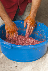 traditional home production of sausages on the island of Mallorca, Spain