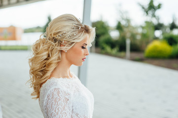 Beautiful young bride in luxury wedding dress