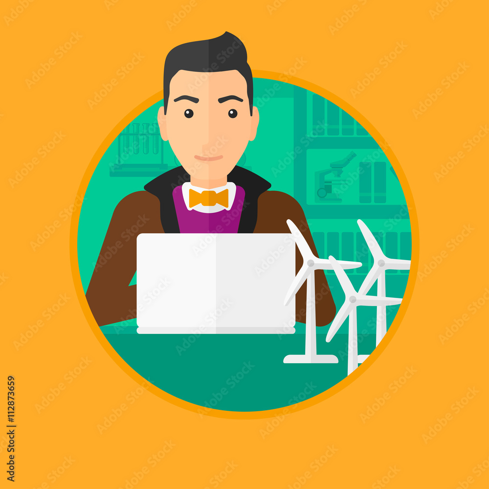 Aufkleber man working with model wind turbines on the table.