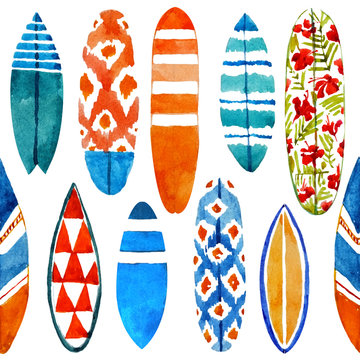 Hand drawn watercolor surfboard seamless pattern.