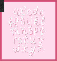 Vector handwritten script latin alphabet on the pink background with magenta outline