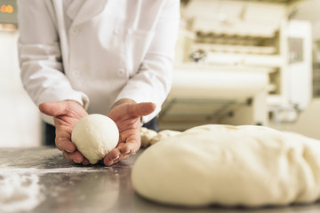 Baker kneading dough in a bakery.