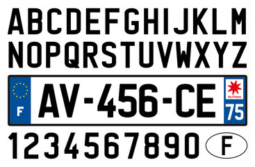 french car plate, symbols, letters and numbers