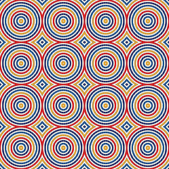 Seamless pattern with symmetric geometric ornament. Abstract background with colorful round vortexes.