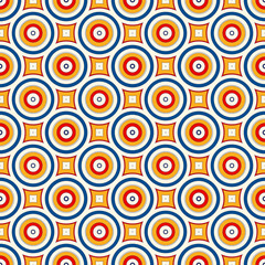 Seamless pattern with symmetric geometric ornament. Abstract background with colorful round vortexes.