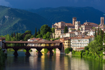Panoramic view of the town of Bassano del Grappa and its famous wooden bridge