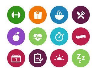 Fitness circle icons on white background.