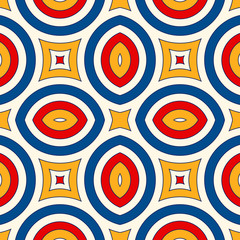 Bright ethnic abstract background. Seamless pattern with symmetric geometric ornament.