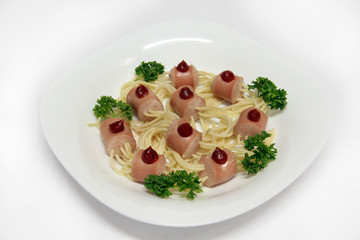Sausages with spaghetti