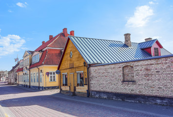 Exterior of wooden houses in Ventspils of Latvia