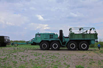 Fototapeta premium Military tractor MAZ-537 has been widely used in military roles artillery tractor trailer, pulling rocket or ballistic missile launchers, tank transporter