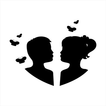Silhouette of children and butterflies. Black isolated on white color background. Vector