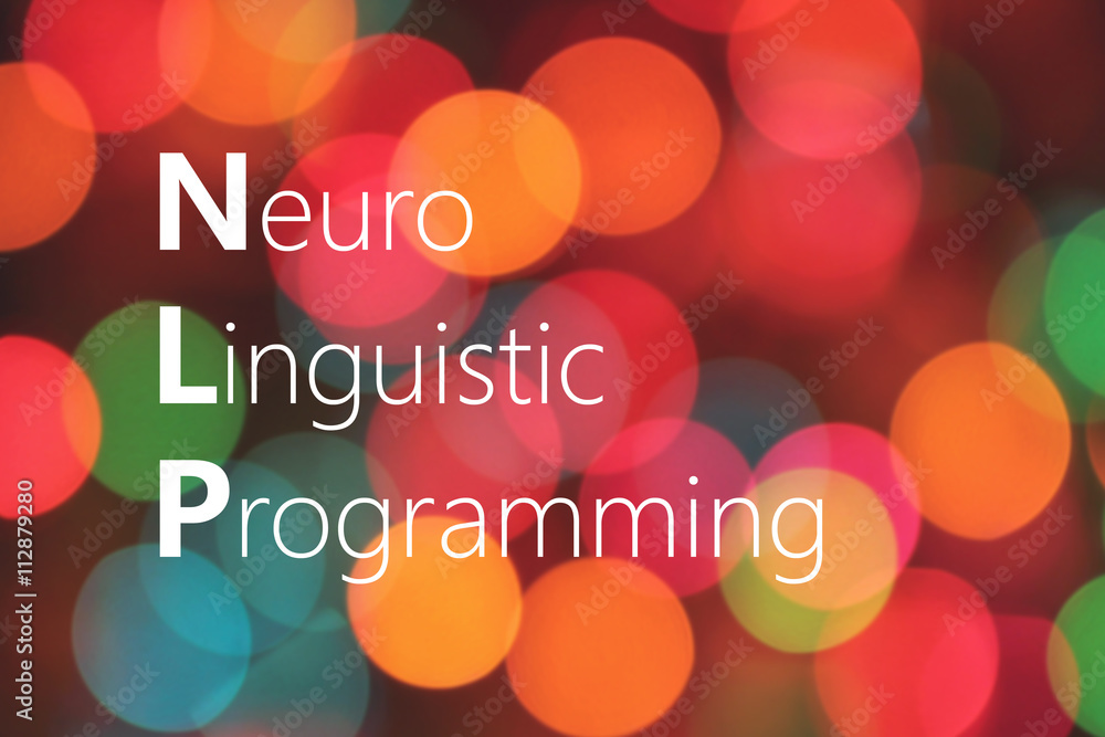 Poster nlp (neuro linguistic programming) acronym on colorful bokeh background