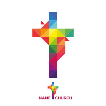 Vector image of a symbol of the Christian church cross. Colored mosaic shapes.