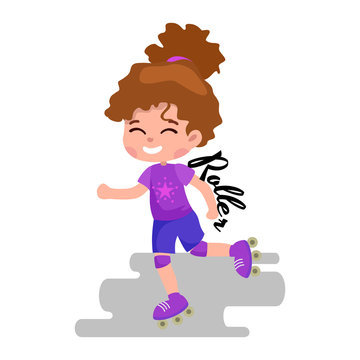 Happy girl fun rollers, children sport kids activity vector illustration