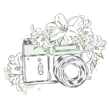 Vintage camera with flowers. Vector illustration.