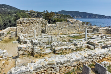 Panorama to Ruins of ancient church in Archaeological site of Aliki, Thassos island,  East Macedonia and Thrace, Greece