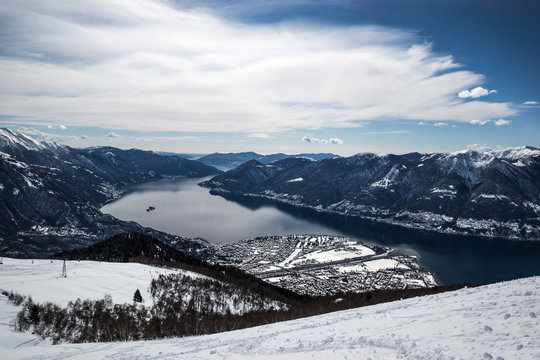 Winter view of Locarno and Lake Maggiore from the Cardada-Cimetta mountain range