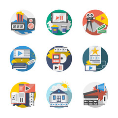 Cinema industry detailed flat vector icons set