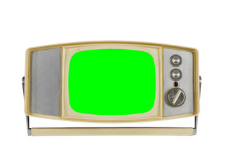 Vintage Portable Television on White with Chroma Green Screen