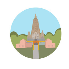 Mahabodhi Vihar Temple vector icon sign. Buddhist religious temple in Bodh Gaya. World famous landmark UNESCO World Heritage Site. vector flat design. Website application button. Postcard, stamp, card