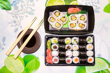 Various kinds of fresh sushi on the table