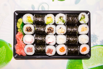 Various kinds of fresh sushi on the table